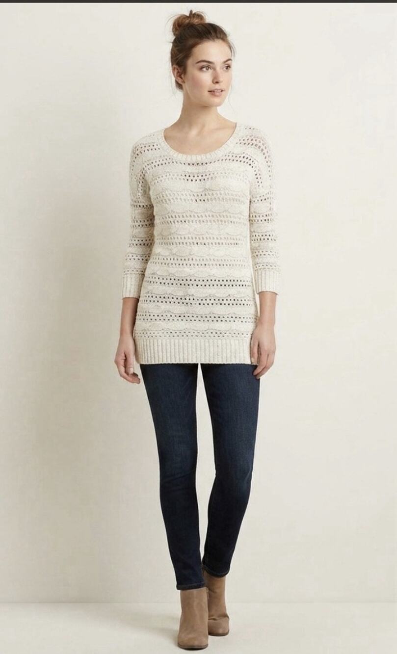SO Ivory Cable Knit 3/4 Sleeve Open Knit Tunic Pullover Sweater Gold Glitter S